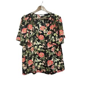 LC Lauren‎ Conrad Floral Top Women's Short Sleeve V Neck Black Red